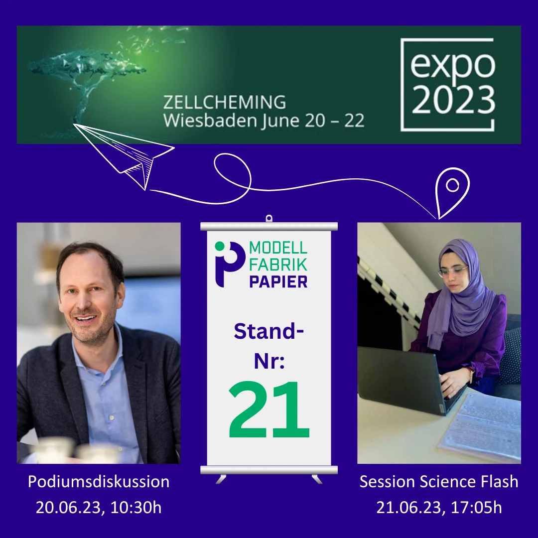 Collage verschiedener Bilder zur Teilnahme der Modellfabrik Papier an Zellcheming EXPO 2023, unter anderem mit Peter Bekaert bei der Podiumsdiskussion und Dr. Jihène Jamil Jerbi beim Session Science Flash.